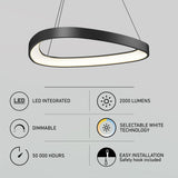A modern oval-shaped black pendant LED light with six icons highlighting features: LED integrated, dimmable, 50,000-hour lifespan, 2000 lumens, selectable white technology, and easy installation with safety hook included.