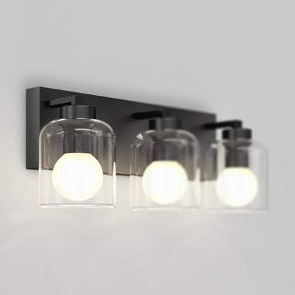 Artika Aryna 20″ 3-Light LED Wall Vanity, 3000K—sleek black fixture with clear glass for modern bathroom lighting.