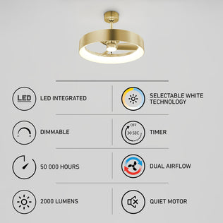 Artika Austin 23 in. LED fandelier with remote: gold, dimmable, 2000 lm, dual airflow, quiet motor, timer, and selectable white.