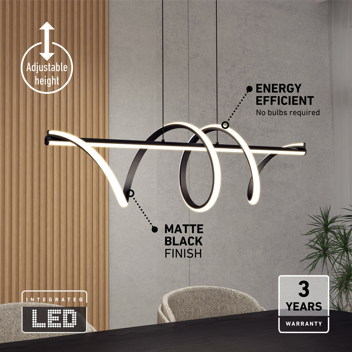 The Artika Coda modern LED pendant light 5 CCT features a matte black looping design, adjustable height, energy efficiency, integrated LED, and a 3-year warranty—perfect above any dining table.