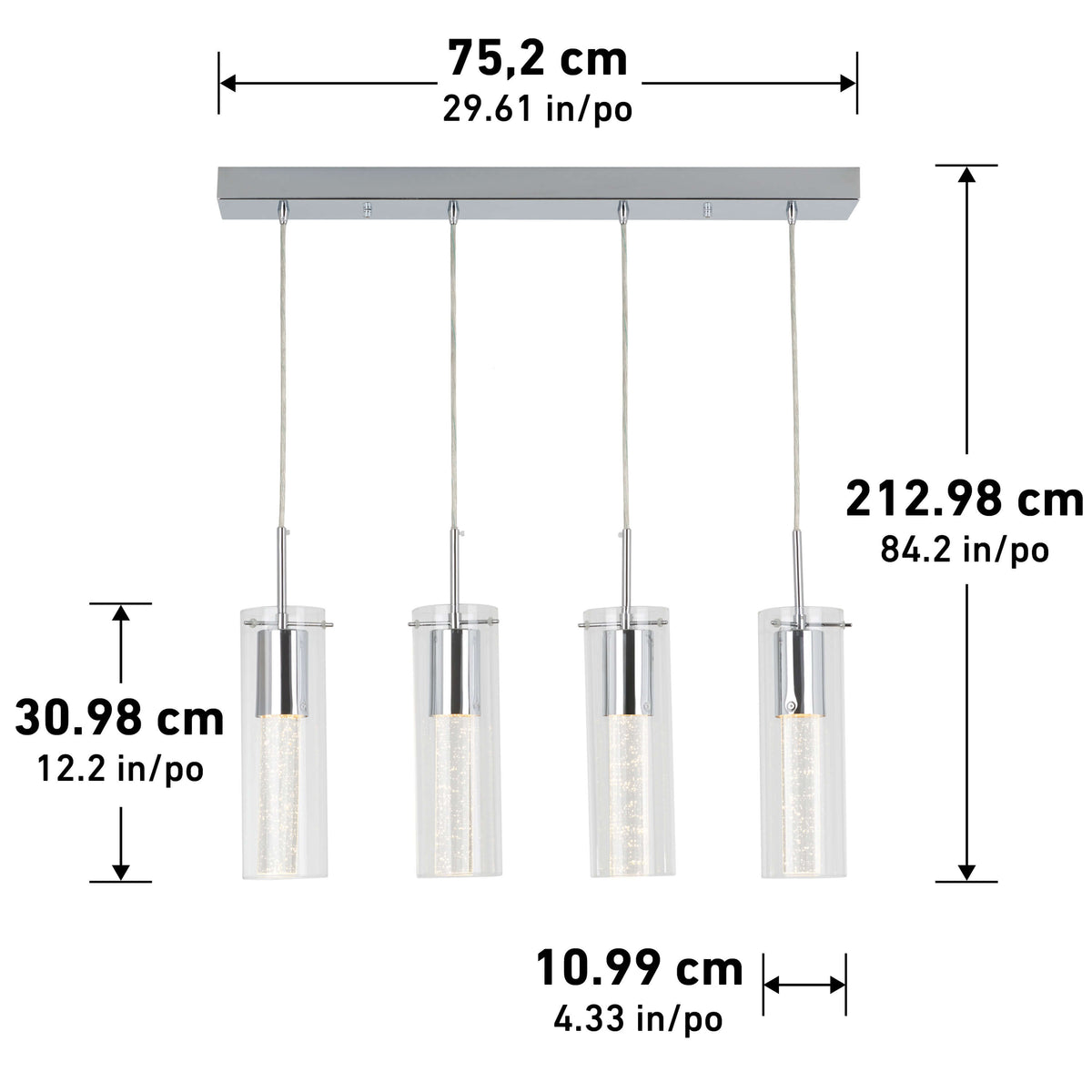 Rectangular ceiling light fixture with four hanging glass pendant lights. Dimensions are shown: fixture width 75.2 cm (29.61 in), height 212.98 cm (84.2 in), pendant height 30.98 cm (12.2 in), and pendant width 10.99 cm (4.33 in).