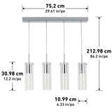 Rectangular ceiling light fixture with four hanging glass pendant lights. Dimensions are shown: fixture width 75.2 cm (29.61 in), height 212.98 cm (84.2 in), pendant height 30.98 cm (12.2 in), and pendant width 10.99 cm (4.33 in).