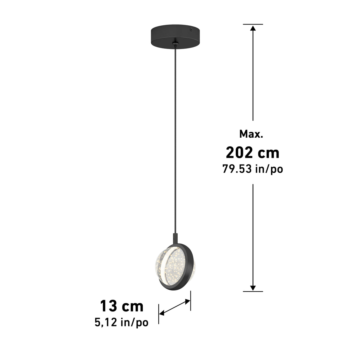 A modern black pendant light hangs from the ceiling, with measurements indicating a maximum length of 202 cm (79.53 in) and a light width of 13 cm (5.12 in).