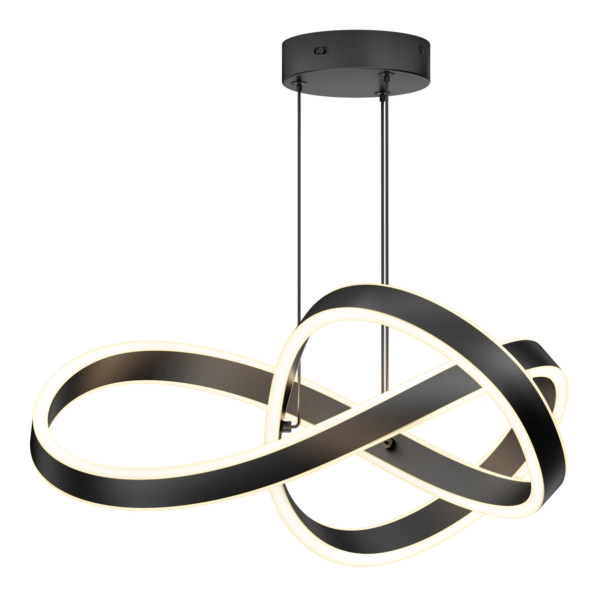 The Artika Bolero LED pendant light 5 CCT features a modern sculptural design with two intertwined black-framed LED strips, suspended by rods from a round black mount. It offers adjustable brightness and color temperature for personalized lighting.