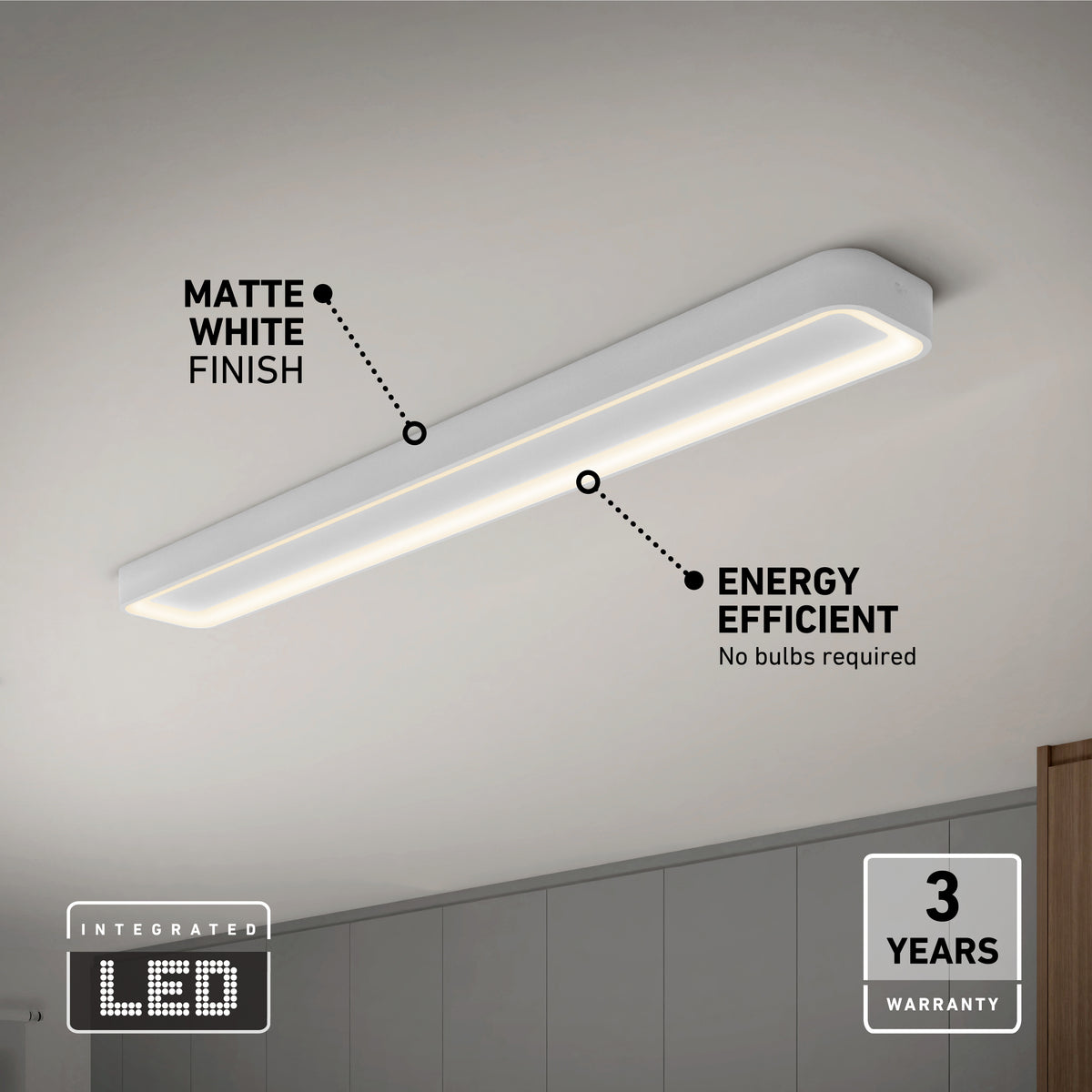A rectangular matte white LED ceiling light is mounted on a white ceiling above a modern room. Text highlights its matte finish, energy efficiency, integrated LED, and 3-year warranty.