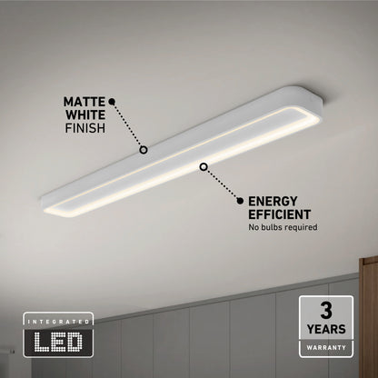 The Artika Aiden 48 in. LED modern flush mount light offers energy efficiency with 5 CCT options, no bulbs required, matte white finish, and a 3-year warranty—perfect for modern rooms seeking effortless style.