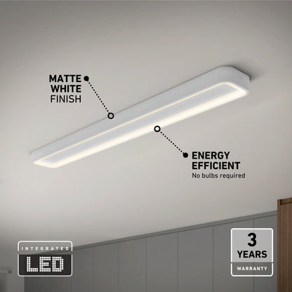 The Artika Aiden 48 in. LED modern flush mount light features a matte white finish, energy-efficient integrated LED (no bulbs required), selectable 5 CCT, and a 3-year warranty—perfect for installation in modern interiors.