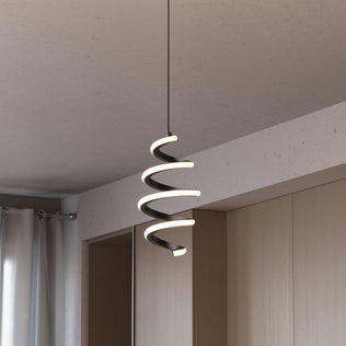 The Artika Chorus 1-light LED pendant 5 CCT hangs from the ceiling in a minimalist room with light wood cabinets and white curtains.