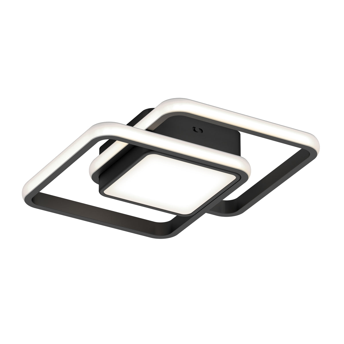 The Artika Romeson 11 in. LED modern flush mount light features two overlapping illuminated frames, a central frosted panel, and a sleek black and white design. Offers 5 CCT options for versatile lighting, shown against a plain white background.