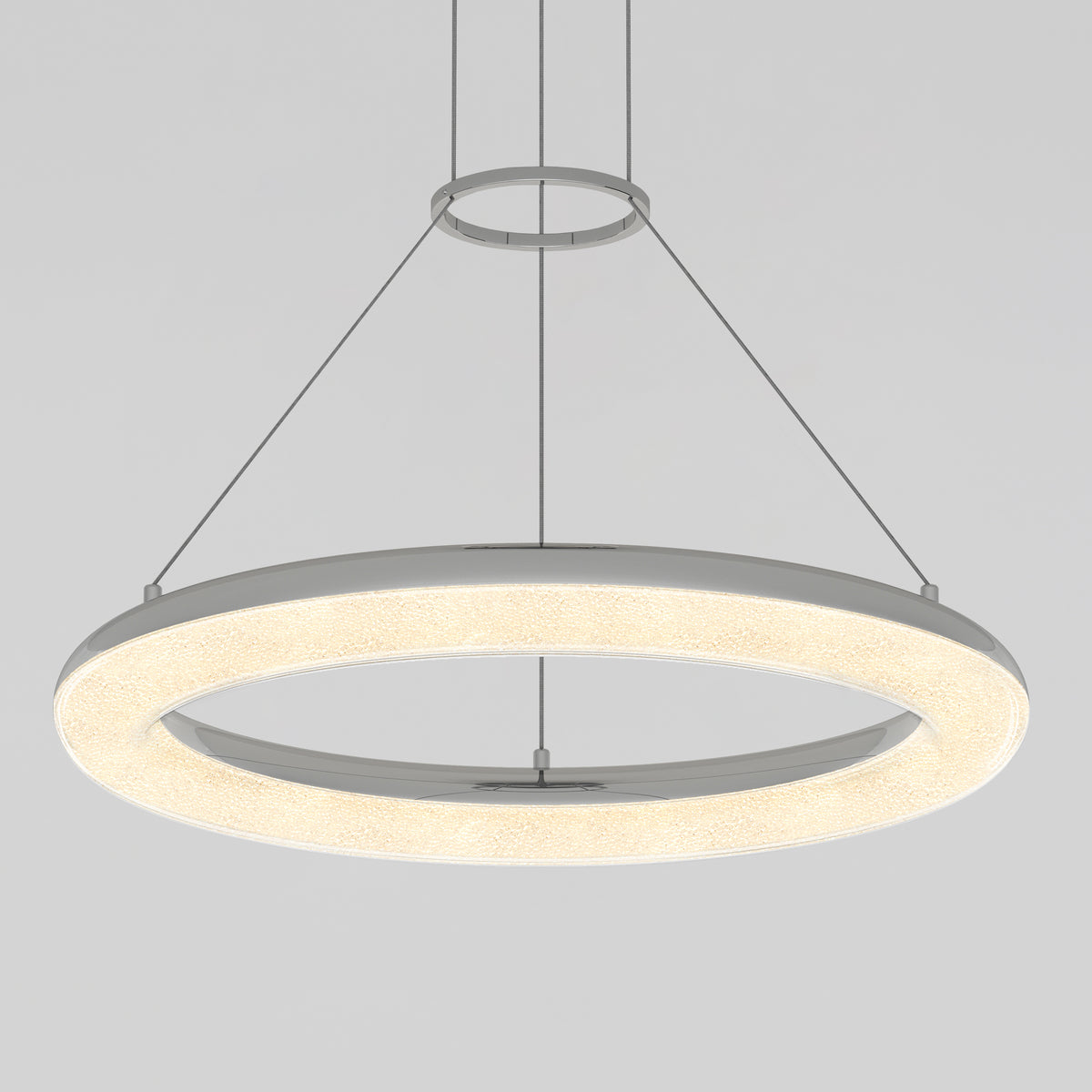 The Artika Famous Optical LED pendant light 5 CCT features a modern frosted circular ring, suspended by three slim cables from the ceiling, set against a plain gray background.