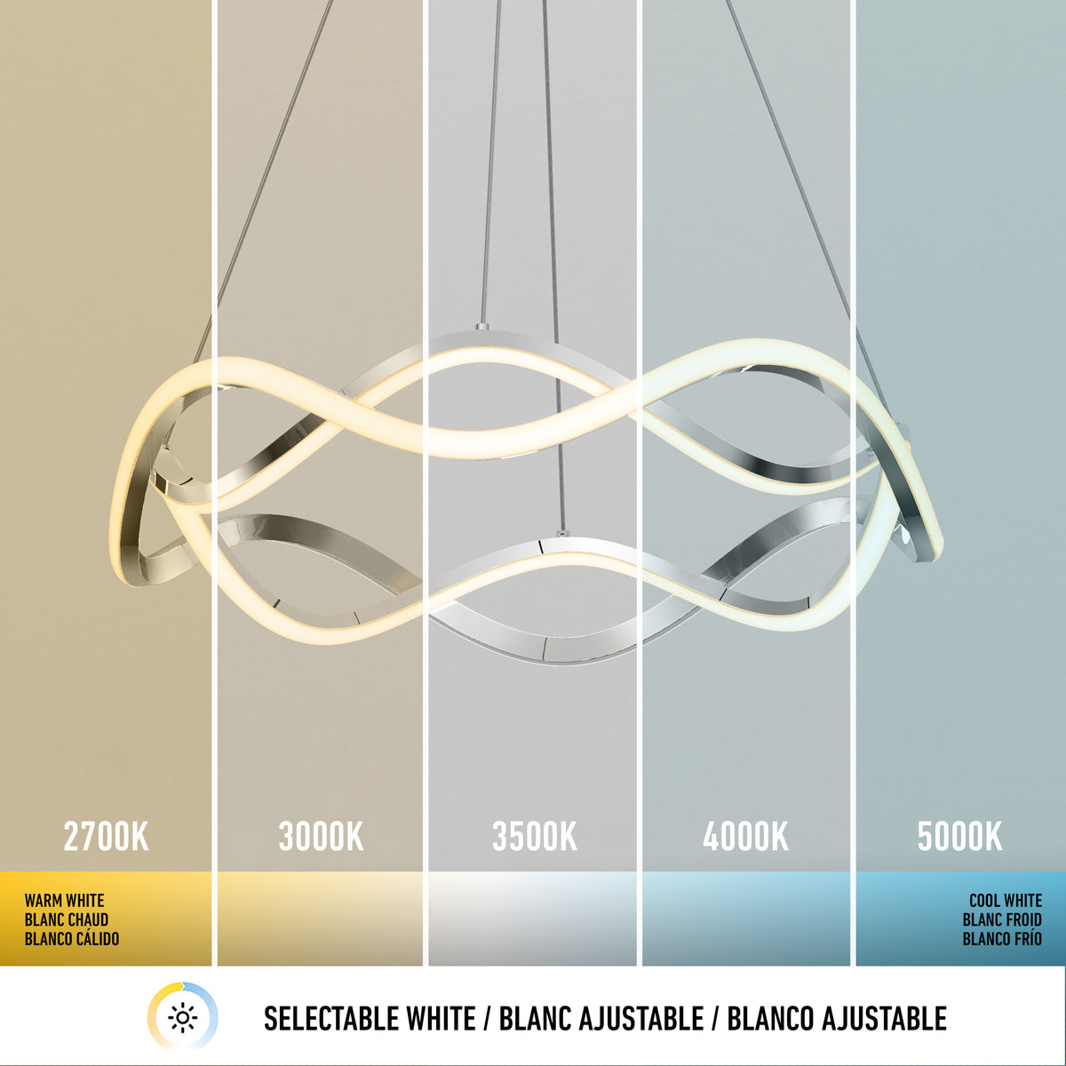 The Artika Vanora LED pendant light 5 CCT features a modern wave design and offers five color temperatures—2700K, 3000K, 3500K, 4000K, and 5000K—for customizable lighting from warm white to cool white.