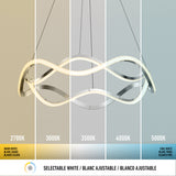 A modern pendant light is shown with five sections, each displaying a different white color temperature from 2700K (warm white) to 5000K (cool white). The text Selectable White appears at the bottom.
