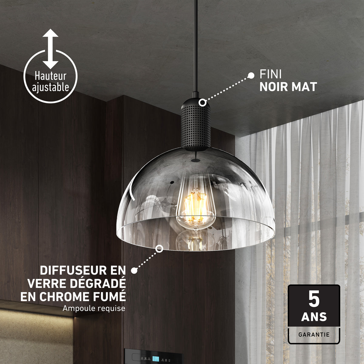The Artika Nella Pendant without Bulbs hangs in a kitchen, featuring adjustable height, a matte black finish, and a smoked chrome glass shade. French text displays features with a 5-year warranty label in the bottom right corner.