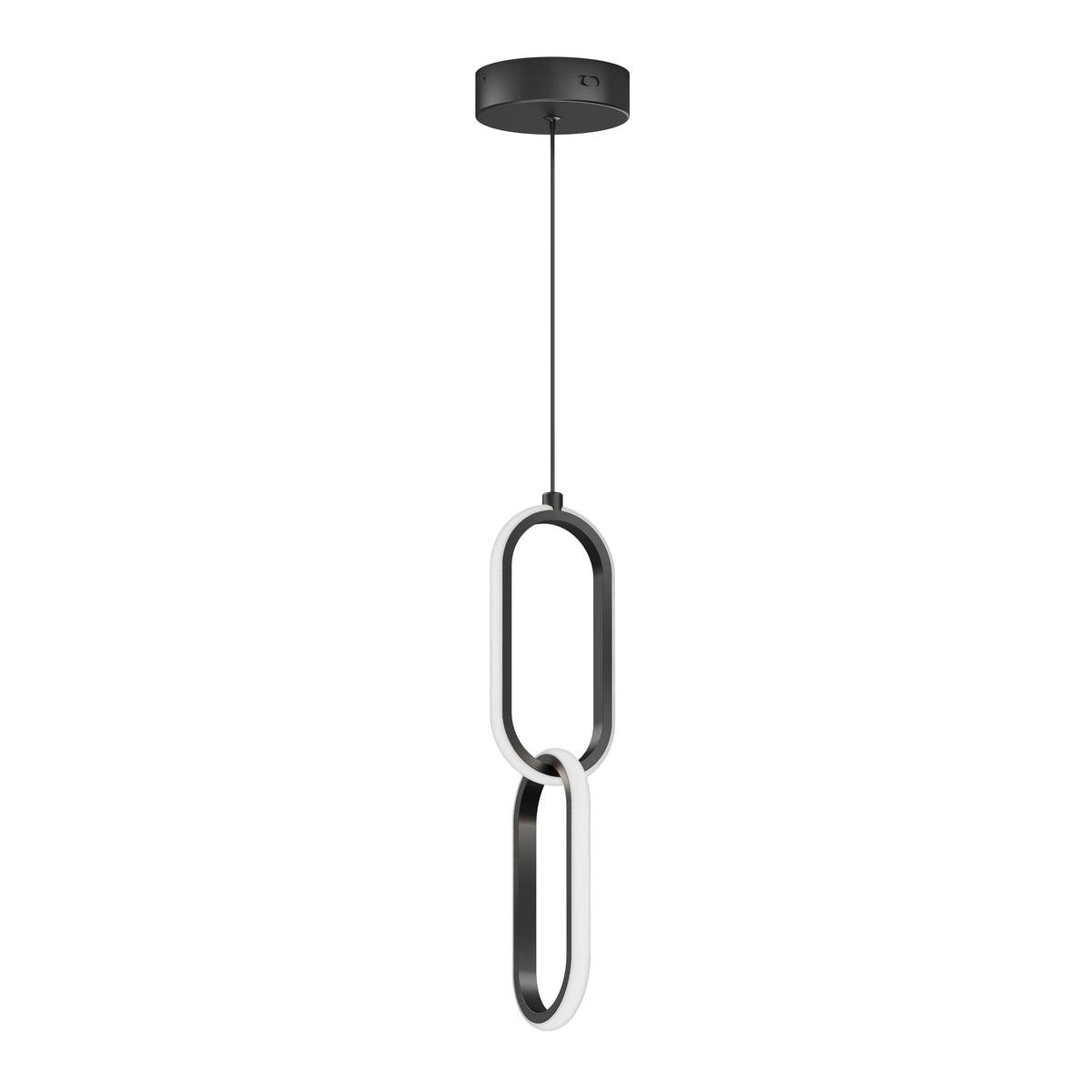 Modern pendant light fixture with two interlocking oval LED rings, suspended from a round black ceiling mount by a single black cord against a plain white background.