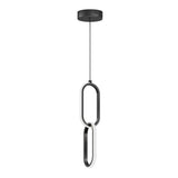 Modern pendant light fixture with two interlocking oval LED rings, suspended from a round black ceiling mount by a single black cord against a plain white background.