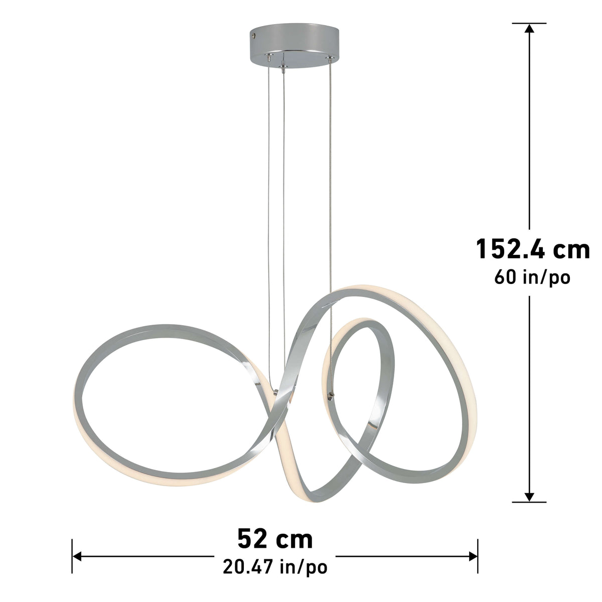 The Artika Swirl LED pendant light features three interlocking metallic loops suspended from a ceiling mount, measuring 152.4 cm (60 in) in height and 52 cm (20.47 in) in width.