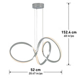 A modern pendant light with two interlocking loops, suspended by wires from a ceiling mount. Dimensions are 152.4 cm (60 in) height and 52 cm (20.47 in) width, shown with arrows and measurements.