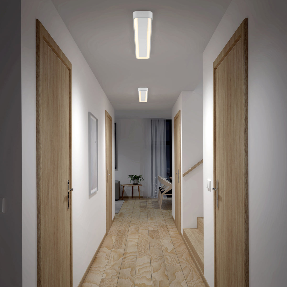 A well-lit hallway with light wood floors and doors on both sides, leading to a bright living area with a plant and sheer curtains at the end.