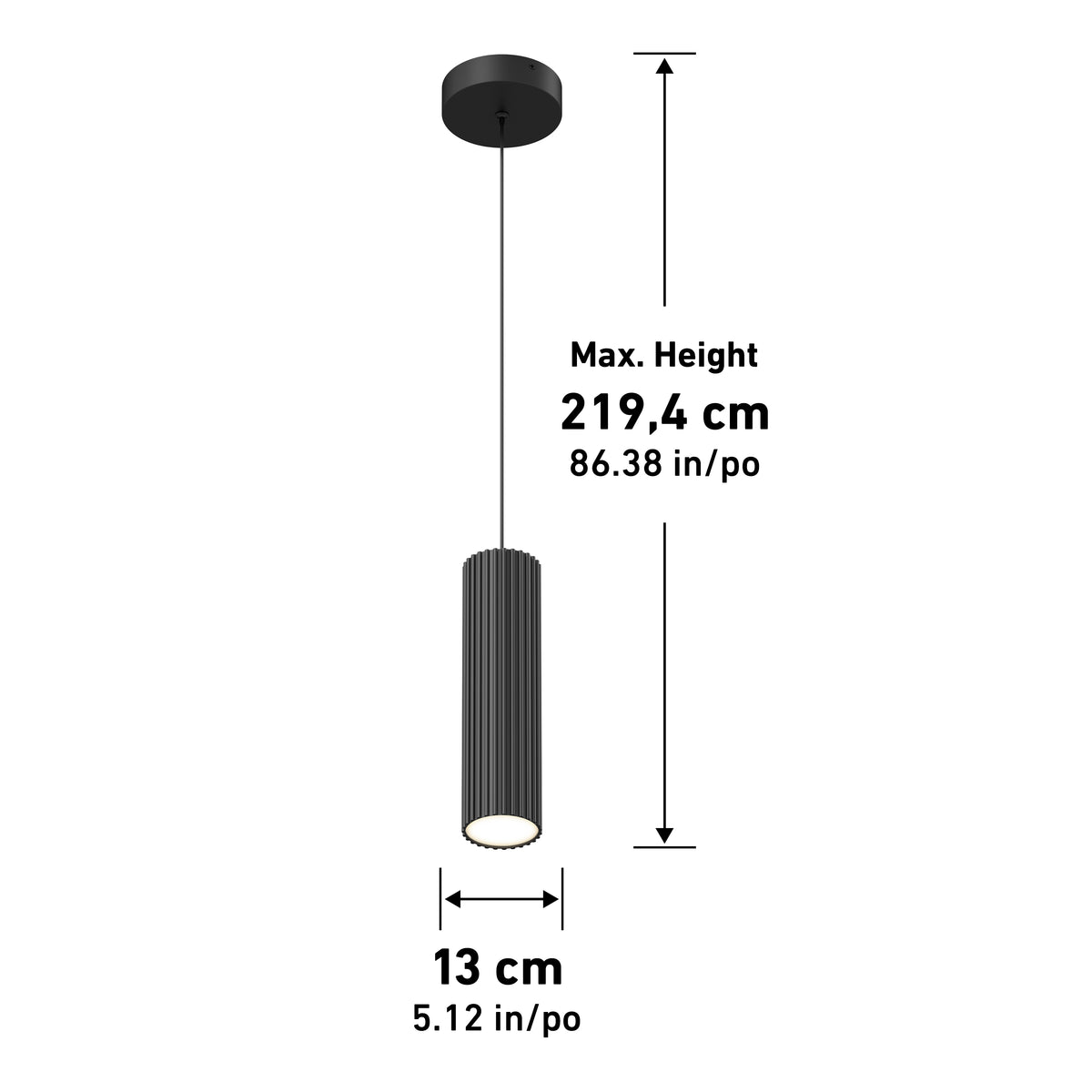 The Artika Groove LED modern pendant light, shown in black with labeled dimensions, features a cylindrical design, maximum hanging height of 219.4 cm (86.38 in), and a diameter of 13 cm (5.12 in).