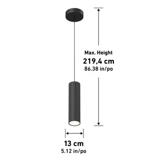 The Artika Groove LED modern pendant light, shown in black with labeled dimensions, features a cylindrical design, maximum hanging height of 219.4 cm (86.38 in), and a diameter of 13 cm (5.12 in).