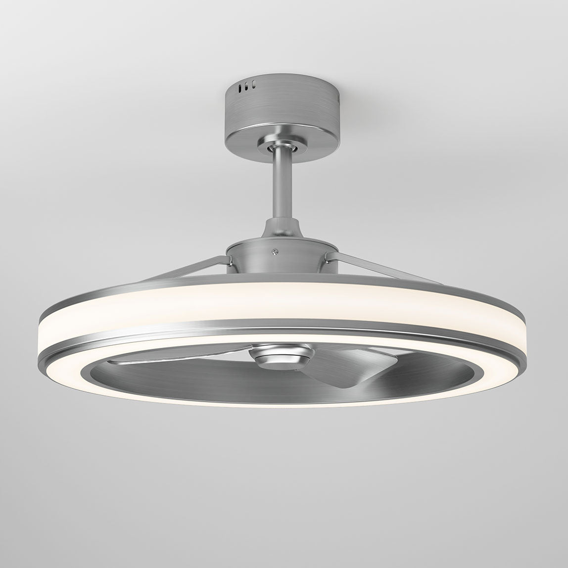 The Artika Edwin 23 in. LED modern ceiling fan features a sleek metallic industrial design, circular LED light ring around the blades, and 3 speeds controlled by remote, mounted on a white ceiling.