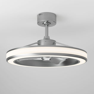 The Artika Edwin 23 in. LED modern ceiling fan features a sleek metallic industrial design, circular LED light ring around the blades, and 3 speeds controlled by remote, mounted on a white ceiling.