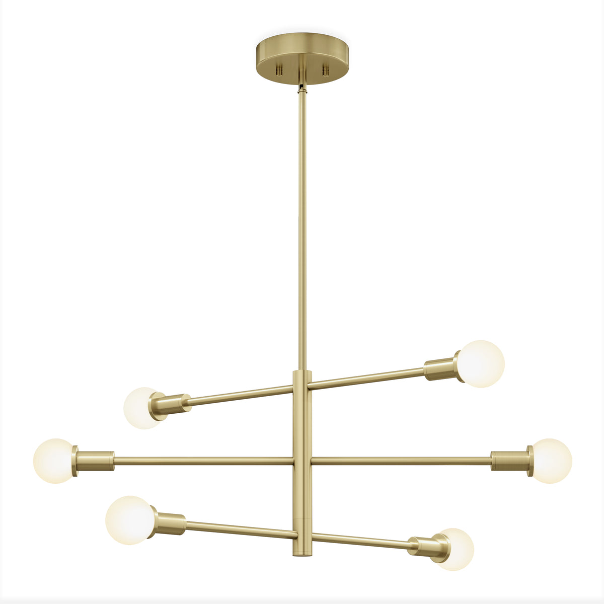 Modern brass chandelier with six exposed round bulbs on two horizontal bars, suspended from the ceiling by a straight rod and round ceiling mount, displayed on a white background.