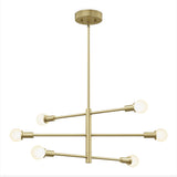Modern brass chandelier with six exposed round bulbs on two horizontal bars, suspended from the ceiling by a straight rod and round ceiling mount, displayed on a white background.