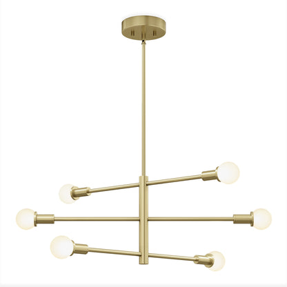The Aristo LED 5 CCT pendant light by Artika features a minimalist, geometric design with six exposed round bulbs arranged in pairs on three horizontal rods, all suspended from a central stem.