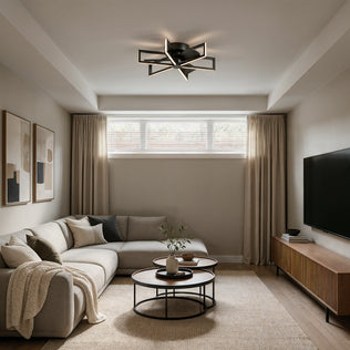 Artika Swirl 26 in. (67 cm) LED modern fandelier ceiling fan with black rectangular frames centered in a living room.