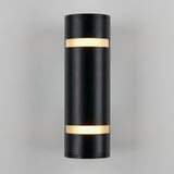 A modern cylindrical black wall sconce with two illuminated bands near the top and bottom, mounted on a light gray wall.
