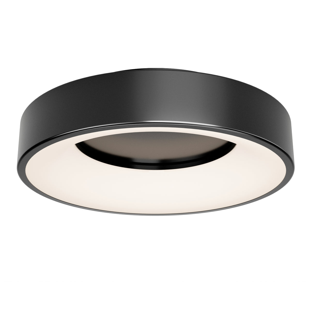 The Artika Aiden LED flush mount is a modern, round black ceiling light with a wide, flat design and glowing white diffuser, shown against a white background.
