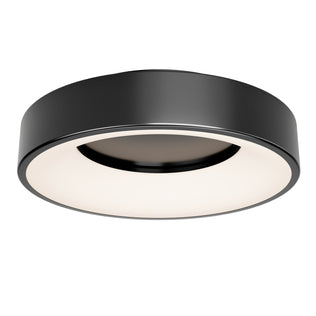 The Artika Aiden LED flush mount is a modern, round black ceiling light with a wide, flat design and glowing white diffuser, shown against a white background.