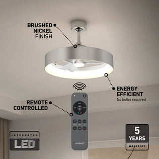 The Artika Austin 23 in. LED modern ceiling fan features a brushed nickel finish, integrated LED light, quiet motor, remote control, energy efficiency—no bulbs required—and includes a 5-year warranty.