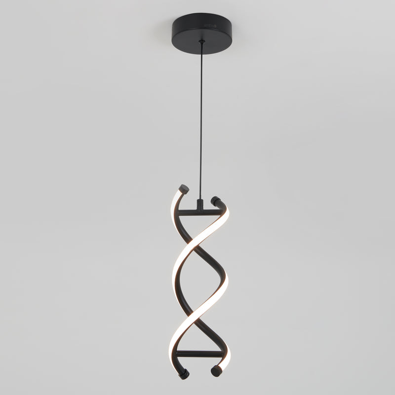 The Artika DNA LED pendant light features two intertwined black metal LED strips in a double-helix design, suspended from a round black ceiling mount against a plain light gray background.