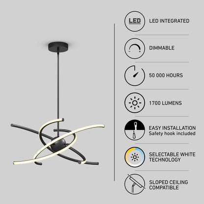 Modern black LED pendant light with curved arms and integrated lighting, surrounded by icons highlighting its features: dimmable, 50,000 hours lifespan, 1700 lumens, selectable white technology, and sloped ceiling compatibility.