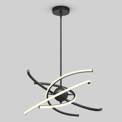 The Artika Silvio LED pendant light 3 CCT features a modern black design with two curved illuminated LED arms intersecting around a central sphere, suspended from a ceiling rod and shown against a light gray background.