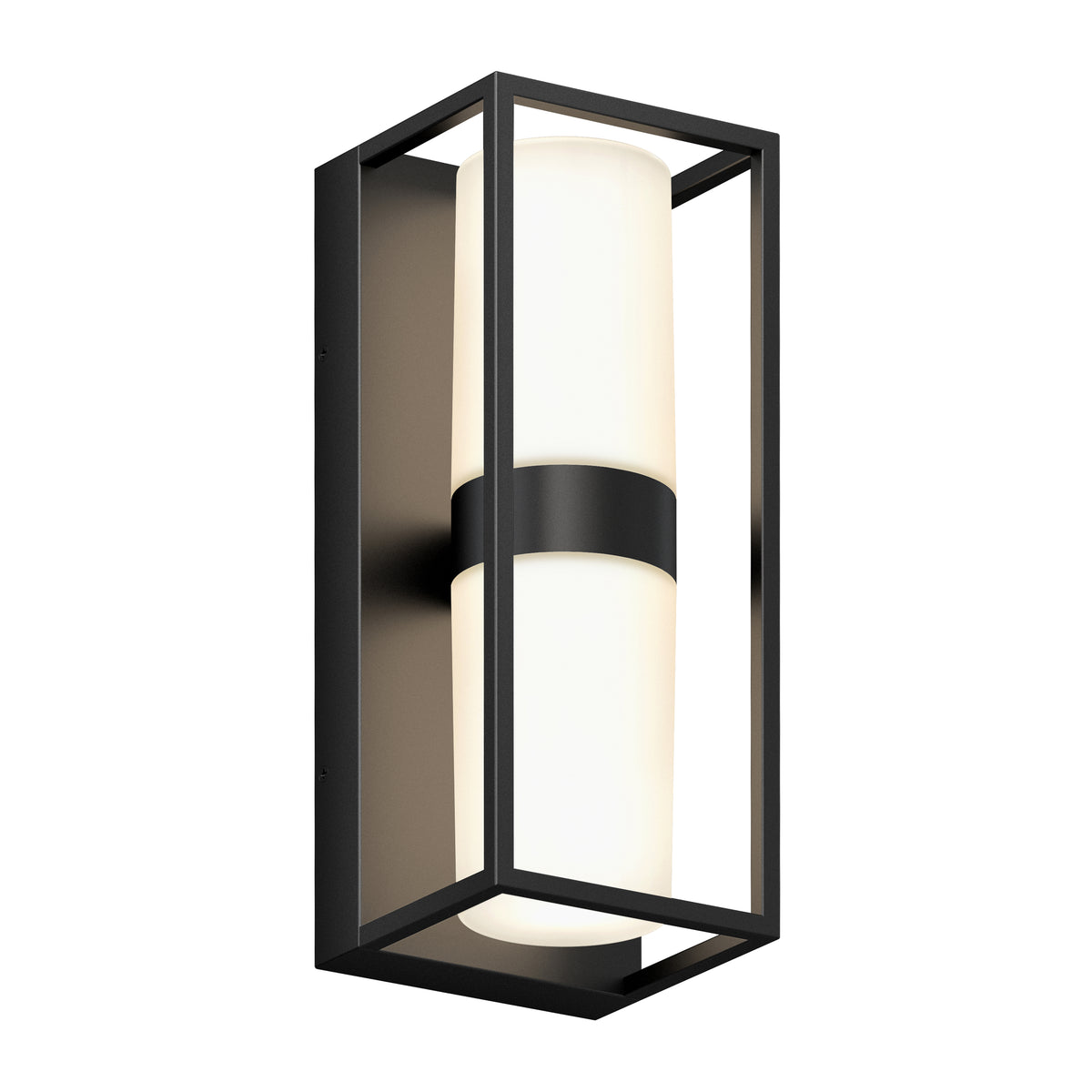 A modern wall sconce featuring a rectangular black metal frame with an enclosed cylindrical white frosted light diffuser, mounted vertically.