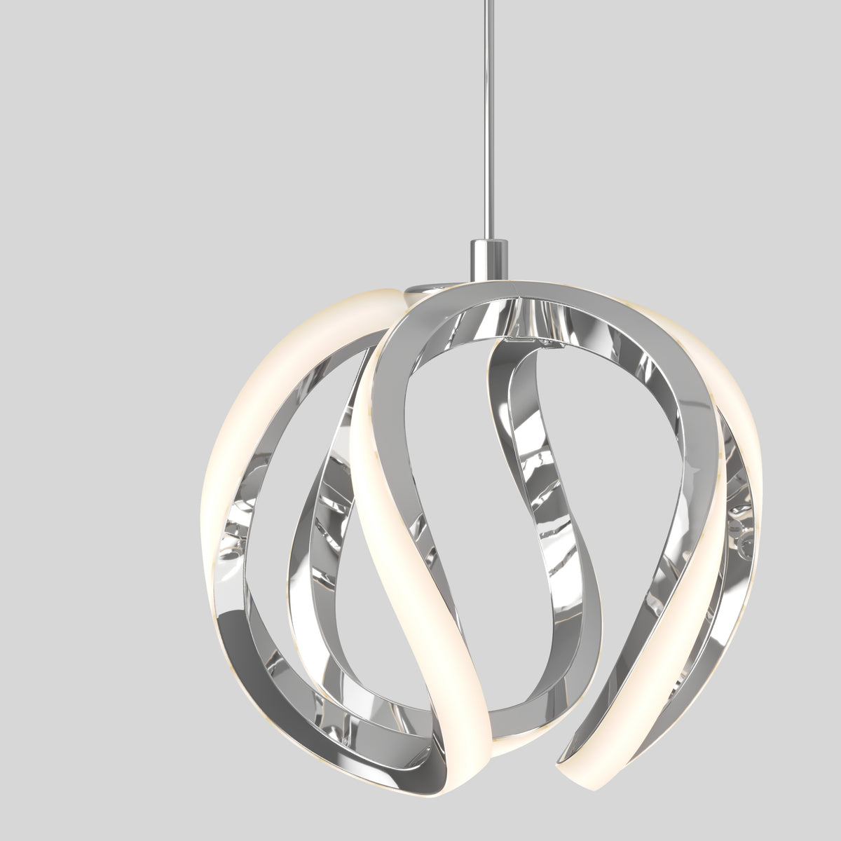 A modern pendant light with chrome and white curved LED strips forming a spherical, abstract design, hanging from a thin rod against a plain gray background.