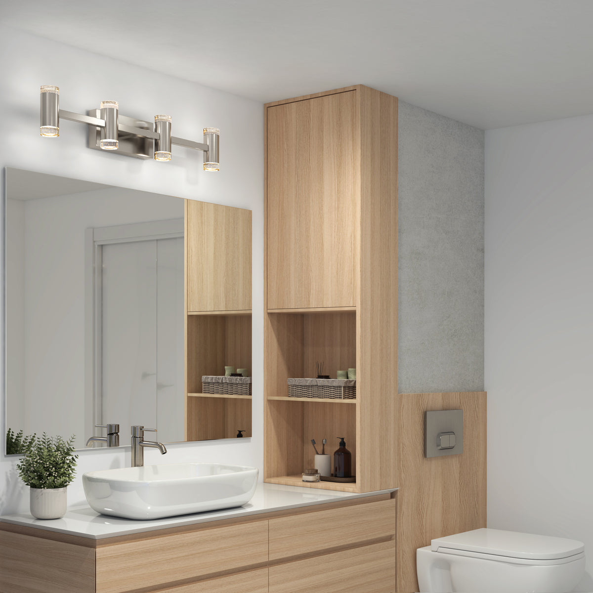 Modern bathroom featuring light wood cabinets, a white vessel sink, wall-mounted mirror, and the Artika Mist modern LED bathroom vanity light 5 CCT for customizable lighting. Shelves display decorative items.