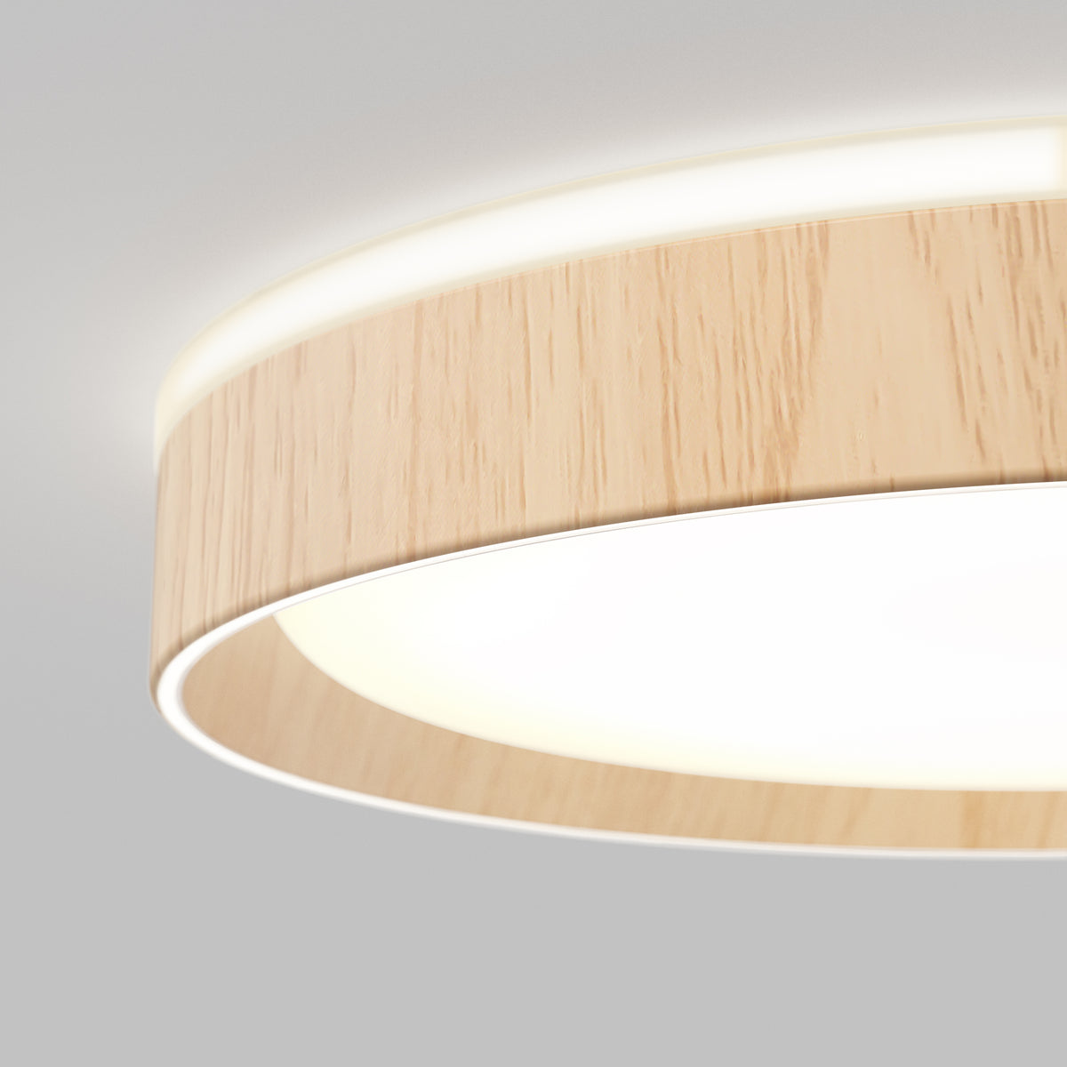A close-up of the Artika Callisto 15 in. LED flush mount light, featuring a circular wooden frame and glowing white diffuser, shown against a plain light gray background.
