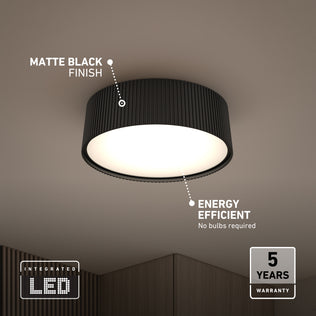 Artika Groove 13 in. Modern LED Flush Mount Ceiling Light, a black circular fixture with a matte finish, energy-efficient design, and 5-year warranty.
