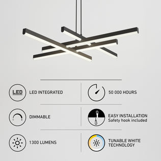Artika Grid LED pendant light above six icons detailing features including dimmable lighting, 1300 lumens, and tunable white technology.