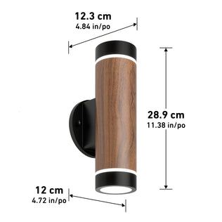The Artika C7 indoor-outdoor LED wall light 3 CCT features a cylindrical wood-finish design with black ends, mounted on a black 12 cm diameter base. It measures 28.9 cm tall and 12.3 cm wide, with dimensions in both cm and inches.