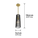 A modern pendant light with a black cylindrical cage design, brass rod and ceiling mount, measuring 154.6 cm (60.87 in) in height and 14.2 cm (5.59 in) in diameter.
