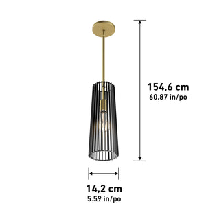 The Artika Gatsby Mini modern mid-century pendant light features a gold ceiling mount, vertical black metal slats, and a visible bulb. It measures 154.6 cm (60.87 in) high by 14.2 cm (5.59 in) in diameter.
