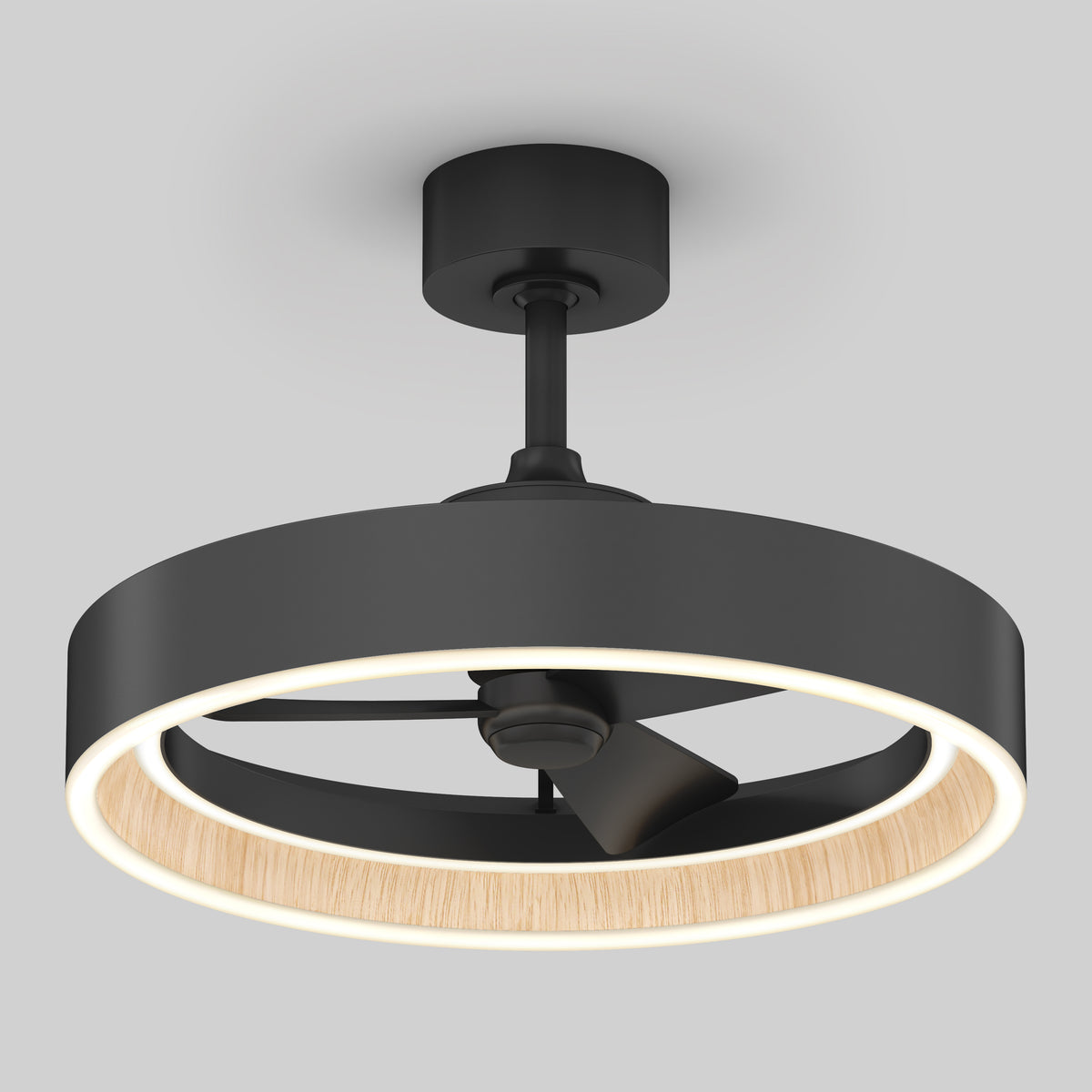 The Artika Alton 24 in. LED modern ceiling fan features a circular black frame, integrated LED light ring, and wooden inner accent. Blades are enclosed within the ring, mounted on a short black rod, and includes 3 speeds with remote control.