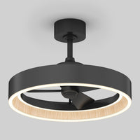 The Artika Alton 24 in. LED modern ceiling fan features a circular black frame, integrated LED light ring, and wooden inner accent. Blades are enclosed within the ring, mounted on a short black rod, and includes 3 speeds with remote control.
