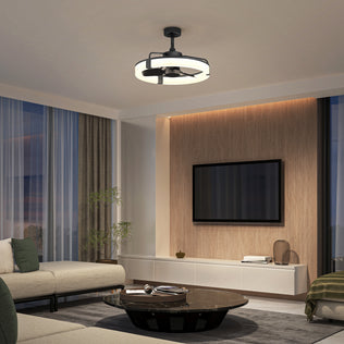 Modern living room with Artika's Sunnyvale 23 in. LED fandelier ceiling fan, wall TV, sofa, coffee table & sheer curtains.