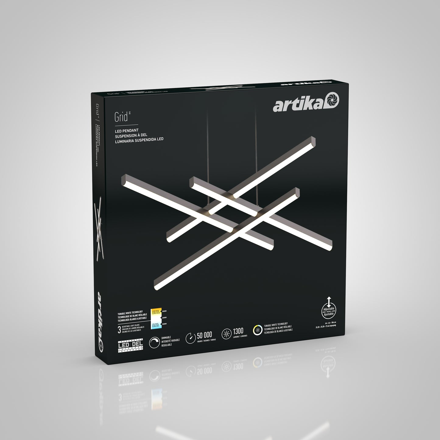 A black box showcases the Artika Grid LED pendant light with intersecting linear lights, product specs, and icons for energy efficiency and brightness on a gray background.
